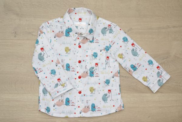 Chemise enfant coton bio gots motif animaux rigolos sur fond blanc 18 mois devant