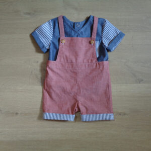 Salopette bébé chambray 100% coton oeko-tex 100 terracotta suggestion devant 3 mois